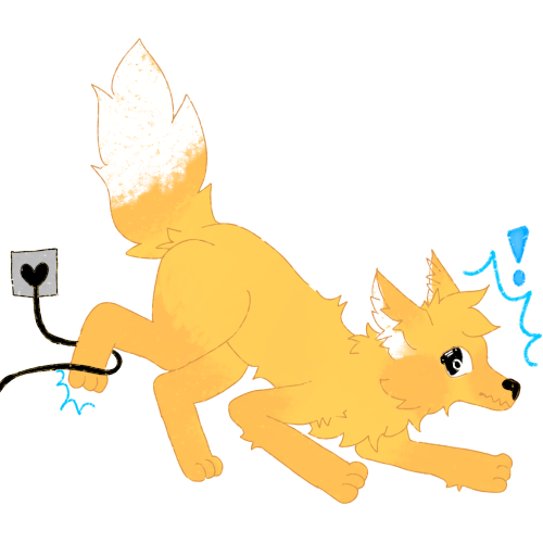 a yellow fox tripping on a black charging cord looking at the cord shocked, there are blue squiggly lines, and a blue exclamation mark around the fox.